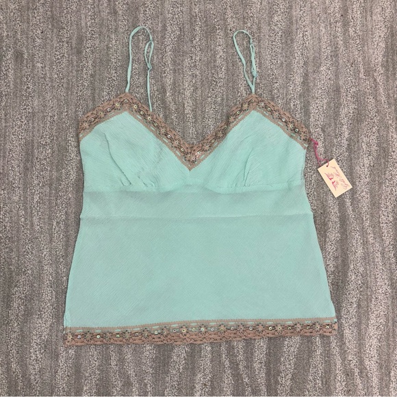 NWT Gold Hawk 100% Silk Beaded Lace Trim Camisole Tiffany Boho Fairy Women’s L - Picture 3 of 10